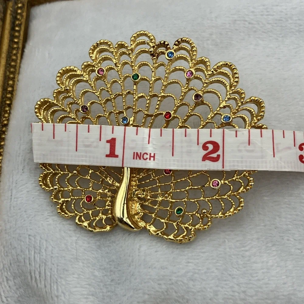 Large Gold Tone Colorful Crystal Peacock Brooch Statement Maximalist Coat Pin